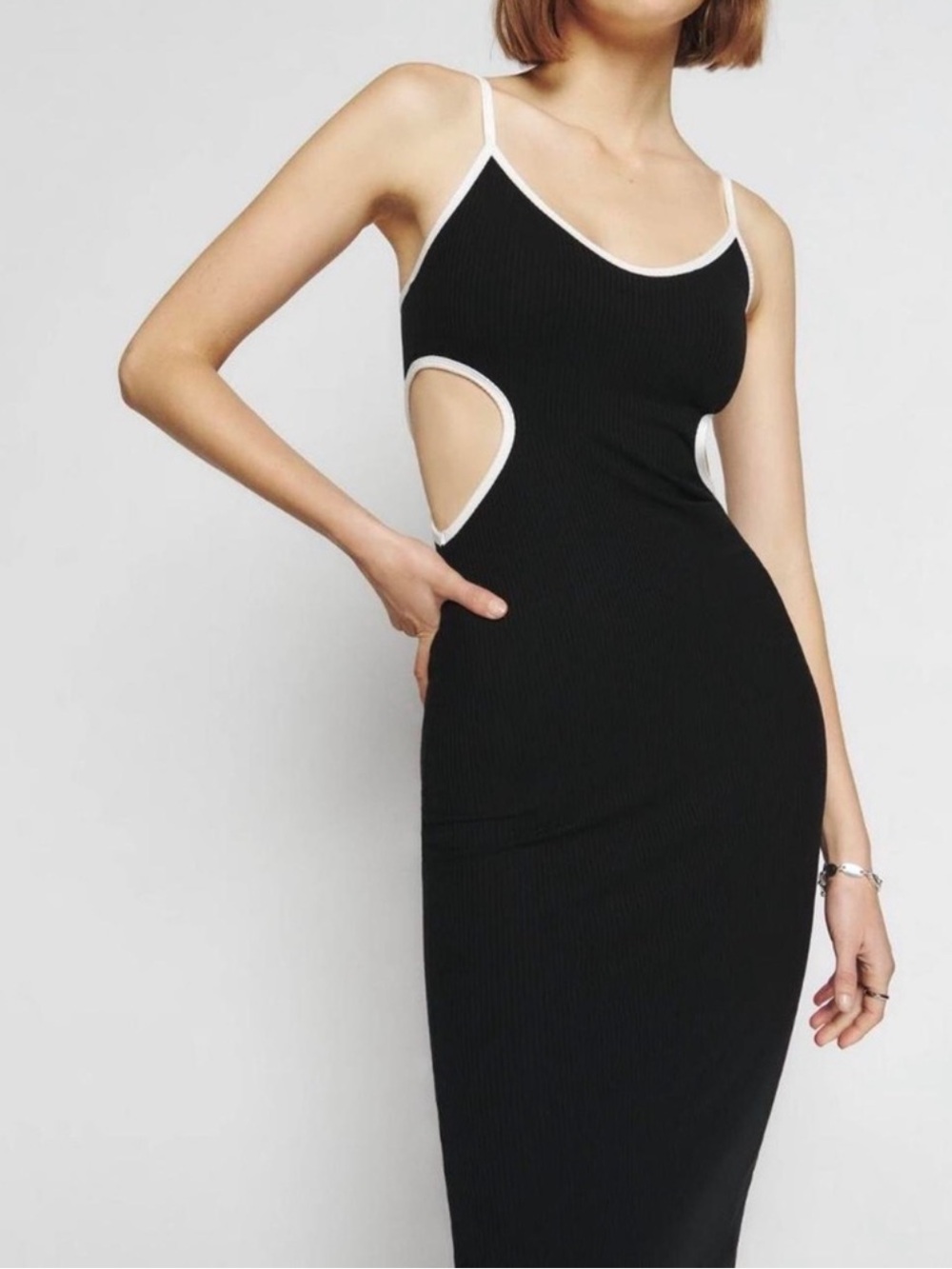 Reformation Lilou Dress Medium Womens Black Knit Waist Cut Outs Midi